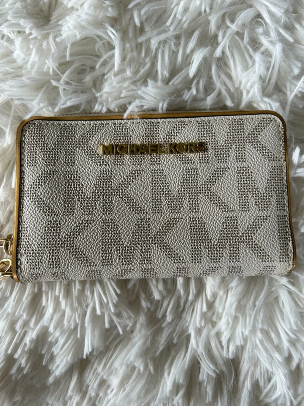Michael Kors | Ivory/Beige Logo Wristlet with Gold Hardware